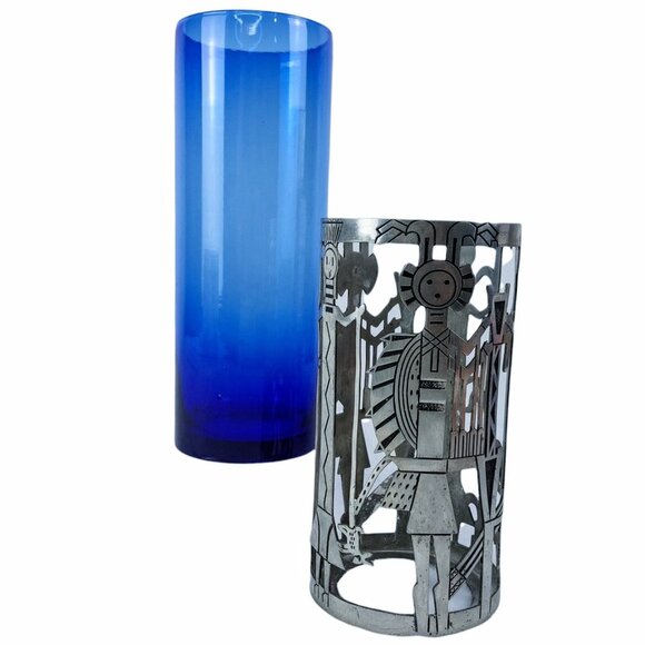 Kachina Candle Holder Cobalt Blue Glass Vase Tin Pewter Wrap Universal Pewter - Picture 8 of 14